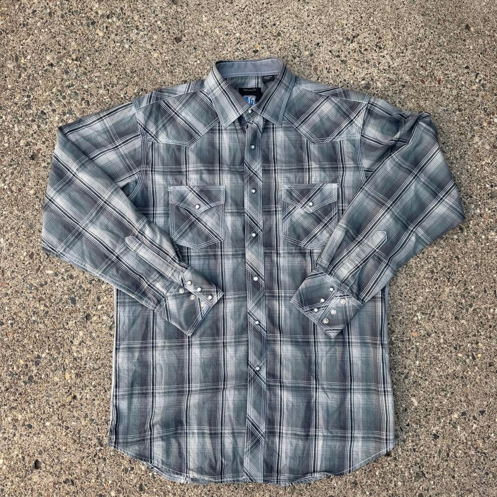Resistol University Fit Gray Plaid Western Pearl Snap Shirt Men's Size